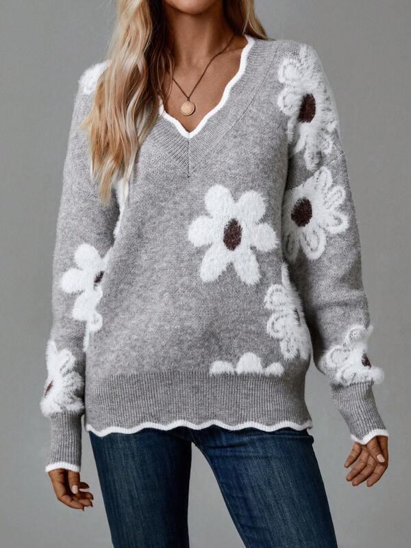 Simona | Blumenpullover mit V-Ausschnitt