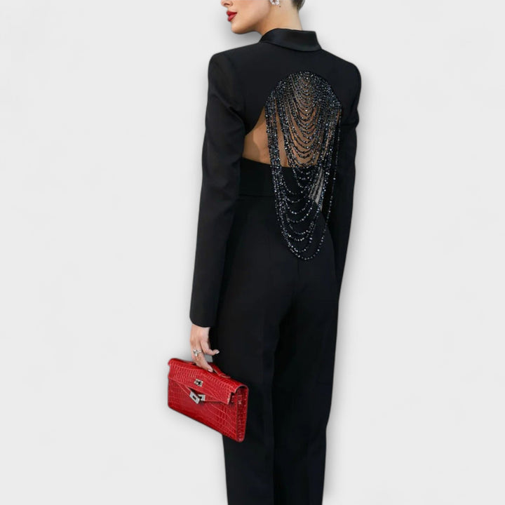 Noa - Schwarzes Perlenbesetztes Rückenfreies Kurzes Blazer Set