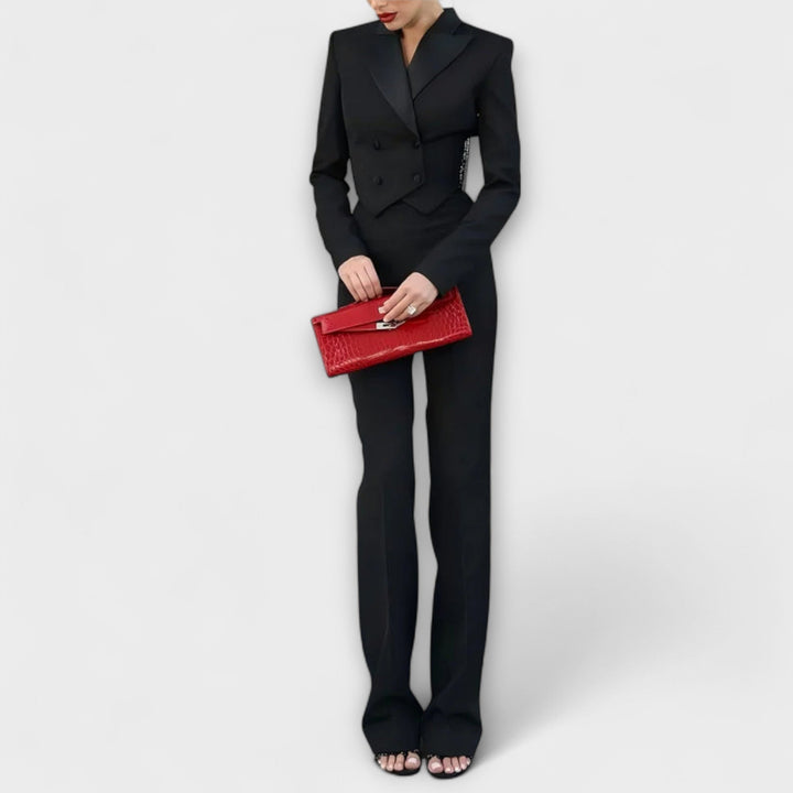 Noa - Schwarzes Perlenbesetztes Rückenfreies Kurzes Blazer Set
