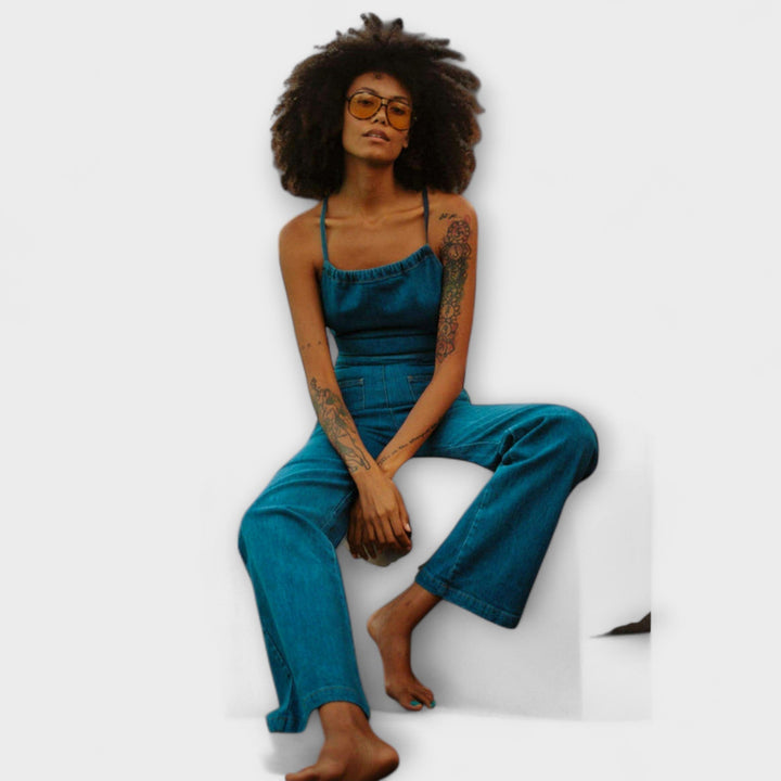Julie - Flared Denim-Jumpsuit mit Bindeband-Detail