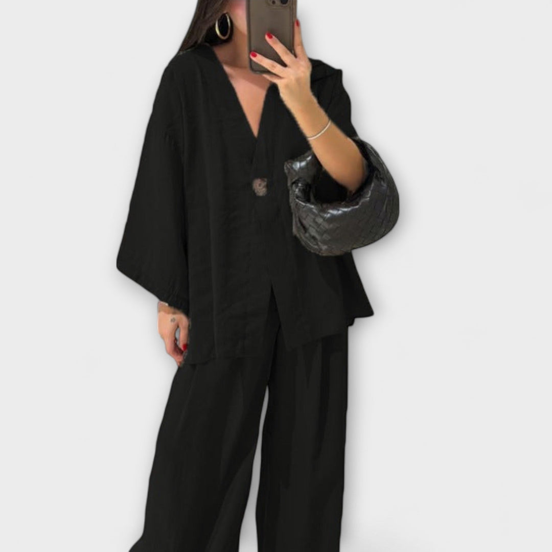 Jacqueline - Lässiges V-Ausschnitt Top und Hose Duo
