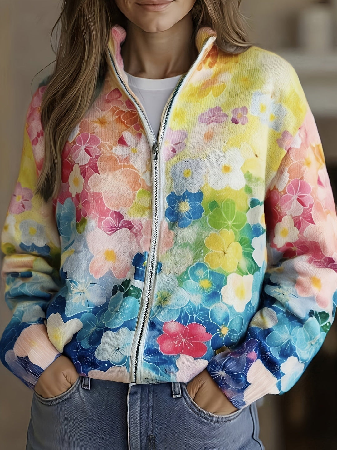 Inés | Strickjacke mit Aquarell-Blumenmuster