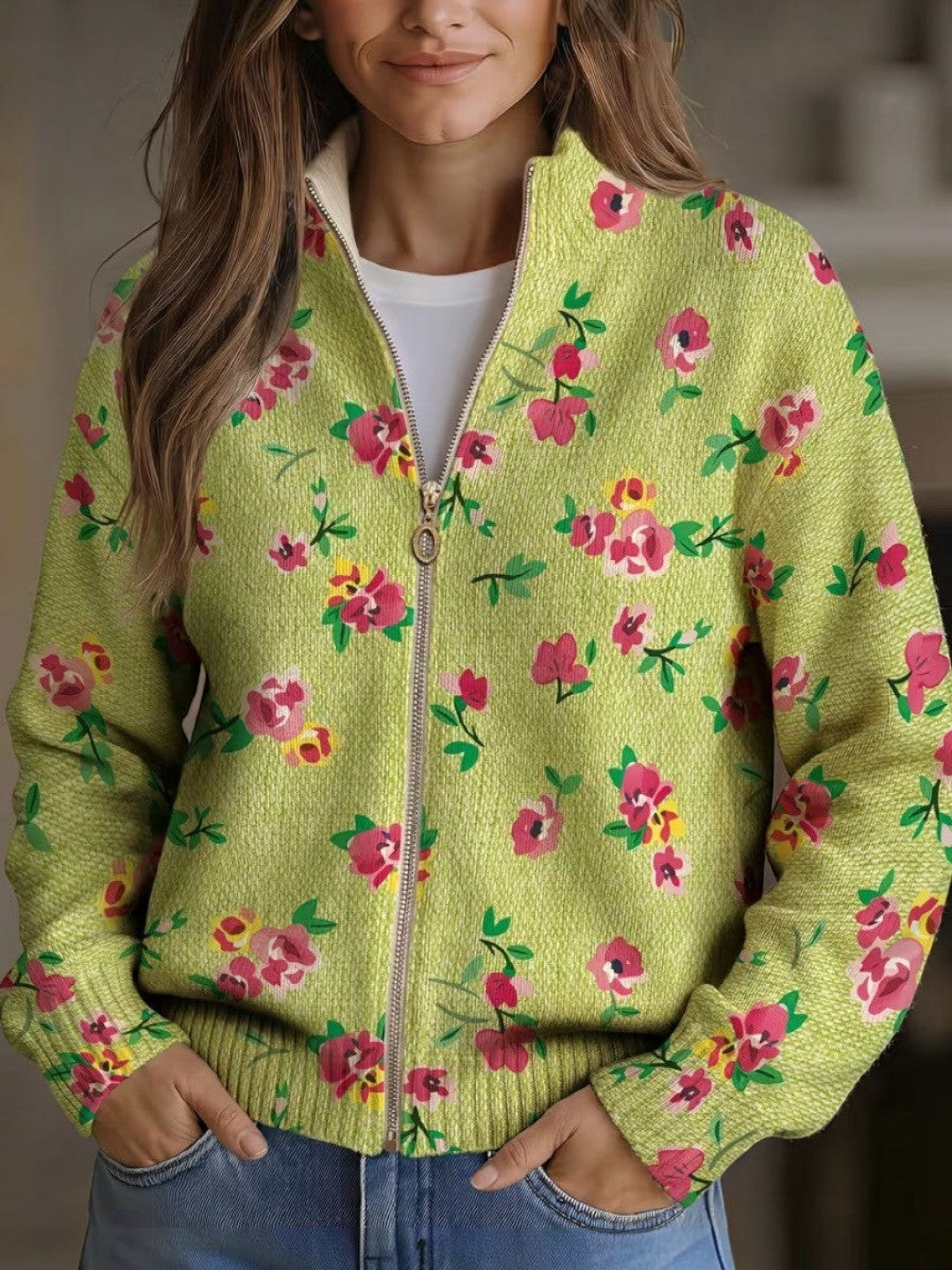 Mercedes | Grüner Strickcardigan mit Blumenmuster