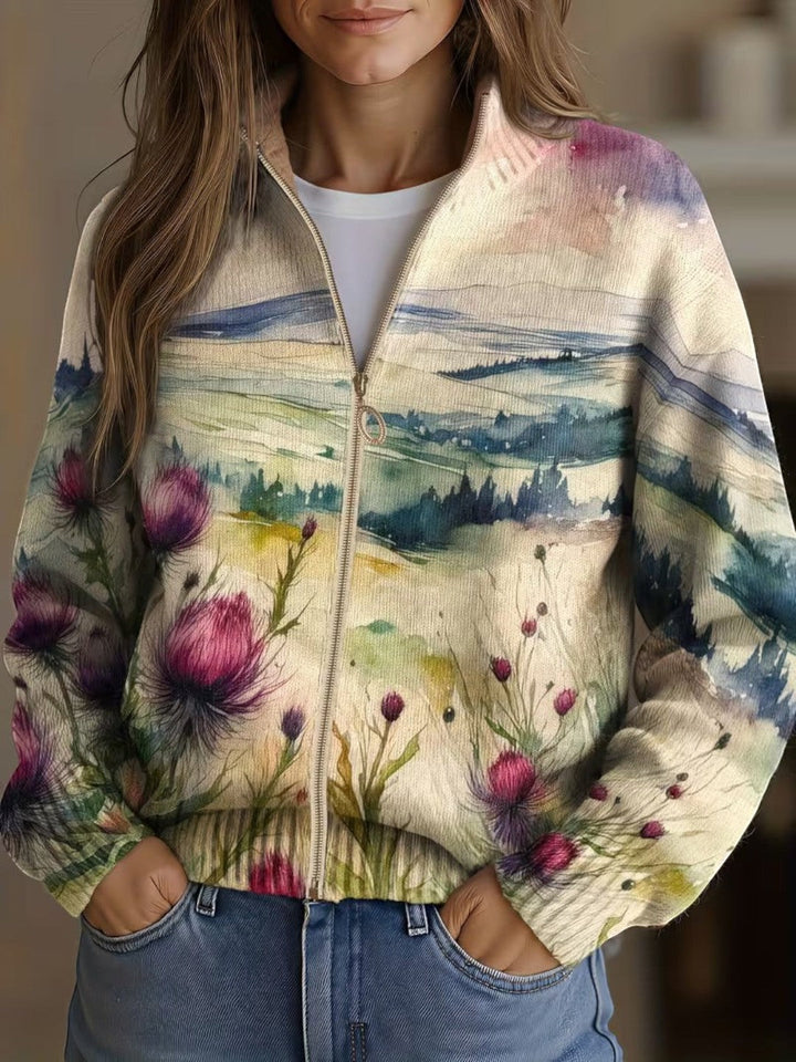 Montserrat | Strickjacke mit Distel- und Landschaftsmuster