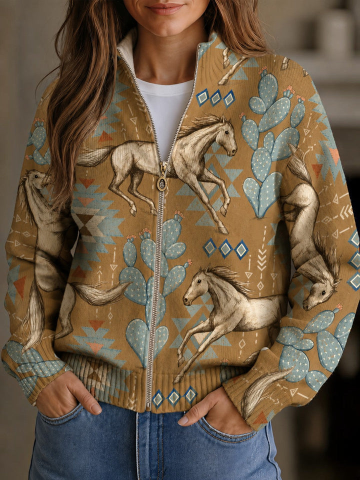 Aurora | Strickjacke mit Pferde- und Kaktusmotiv